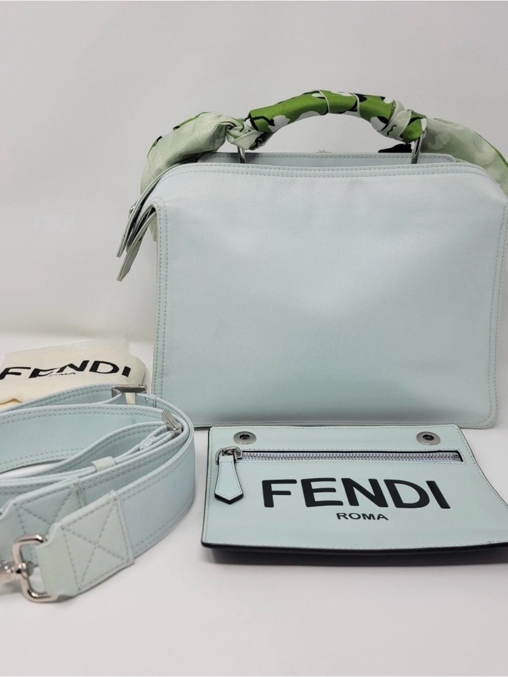 Authentic Fendi Peekaboo ISeeU Mint Green Nylon Satchel Crossbody Full Set